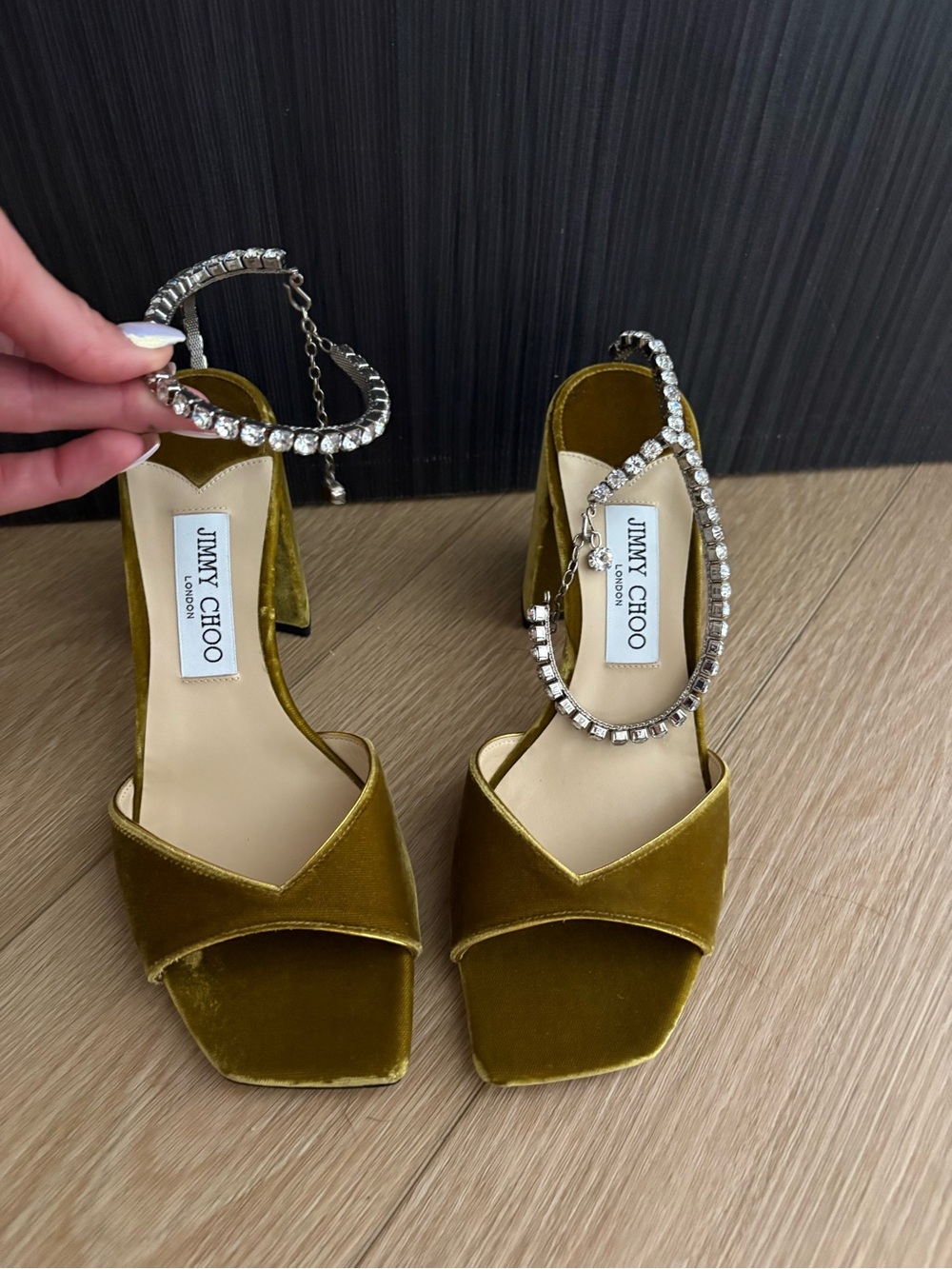Jimmy Choo Olive Velvet Crystal-Ankle Strap Heels